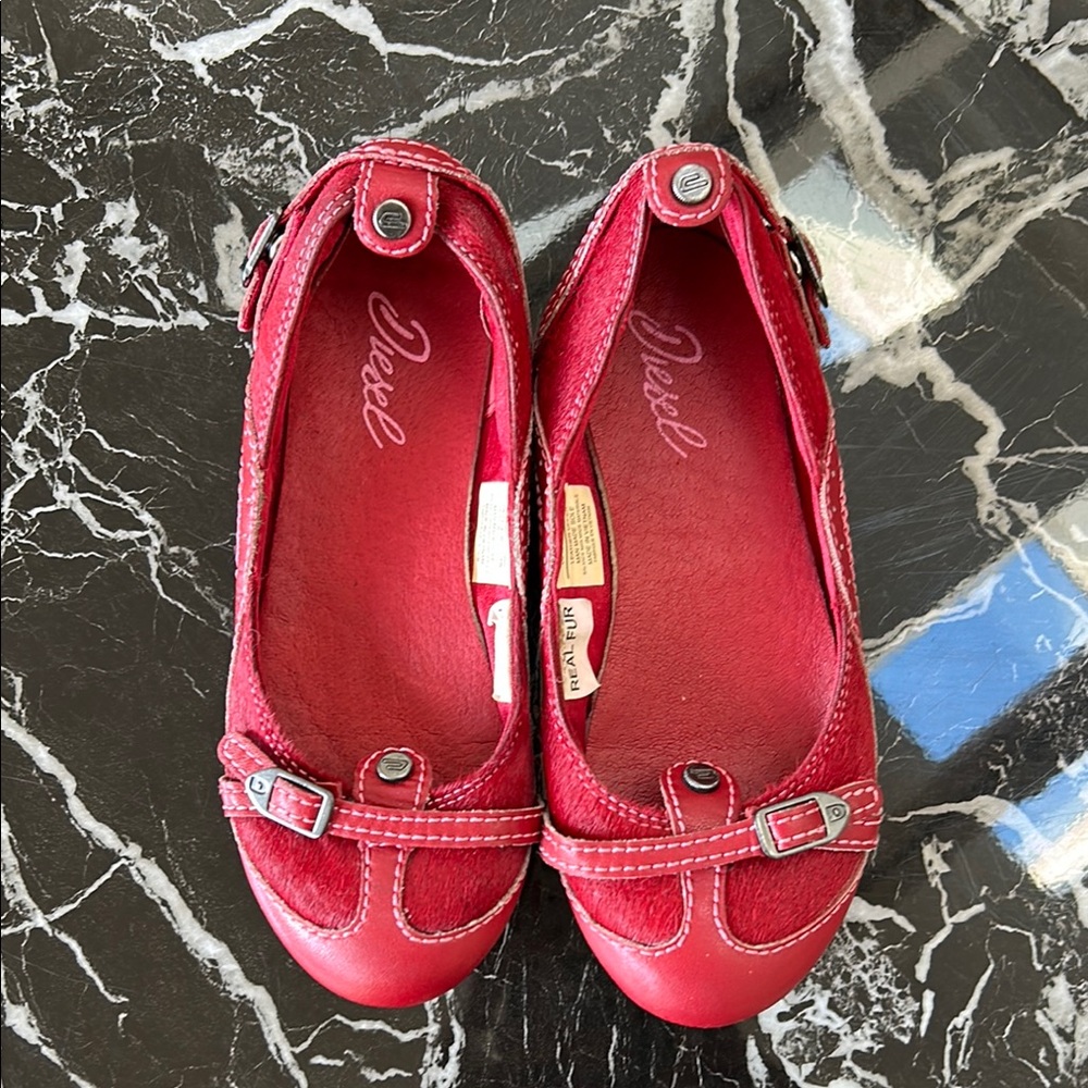 Diesel Red Leather Flats with Buckle